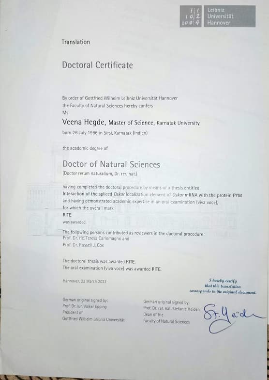 Verified degree or teaching certification of Veena 