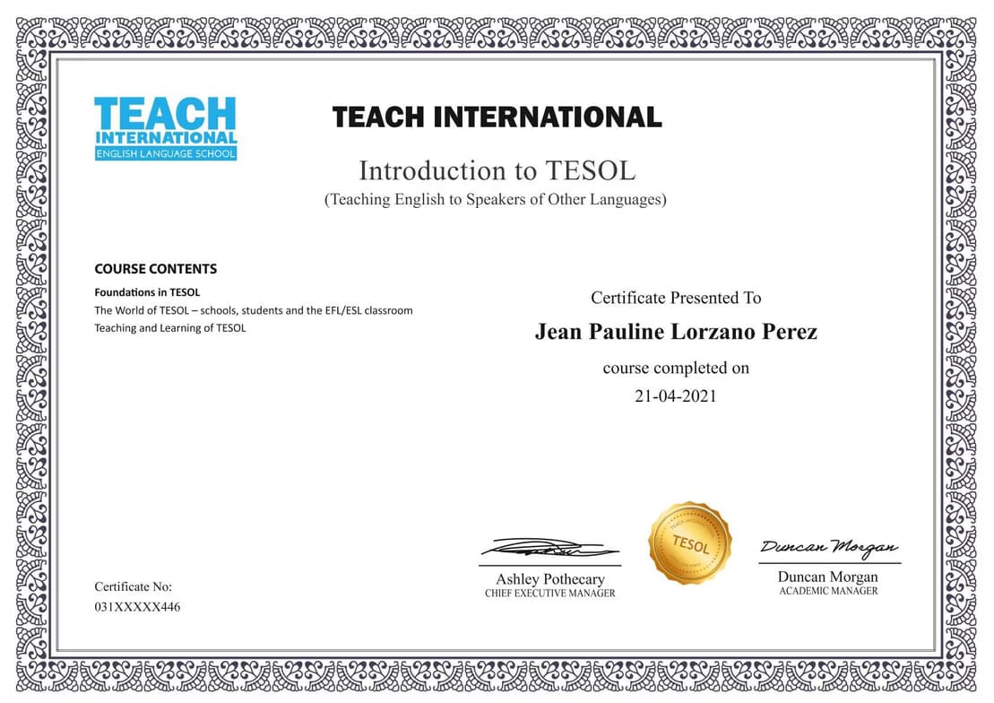 Verified degree or teaching certification of Jean Pauline 