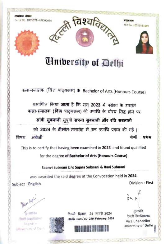 Verified degree or teaching certification of Saanvi 