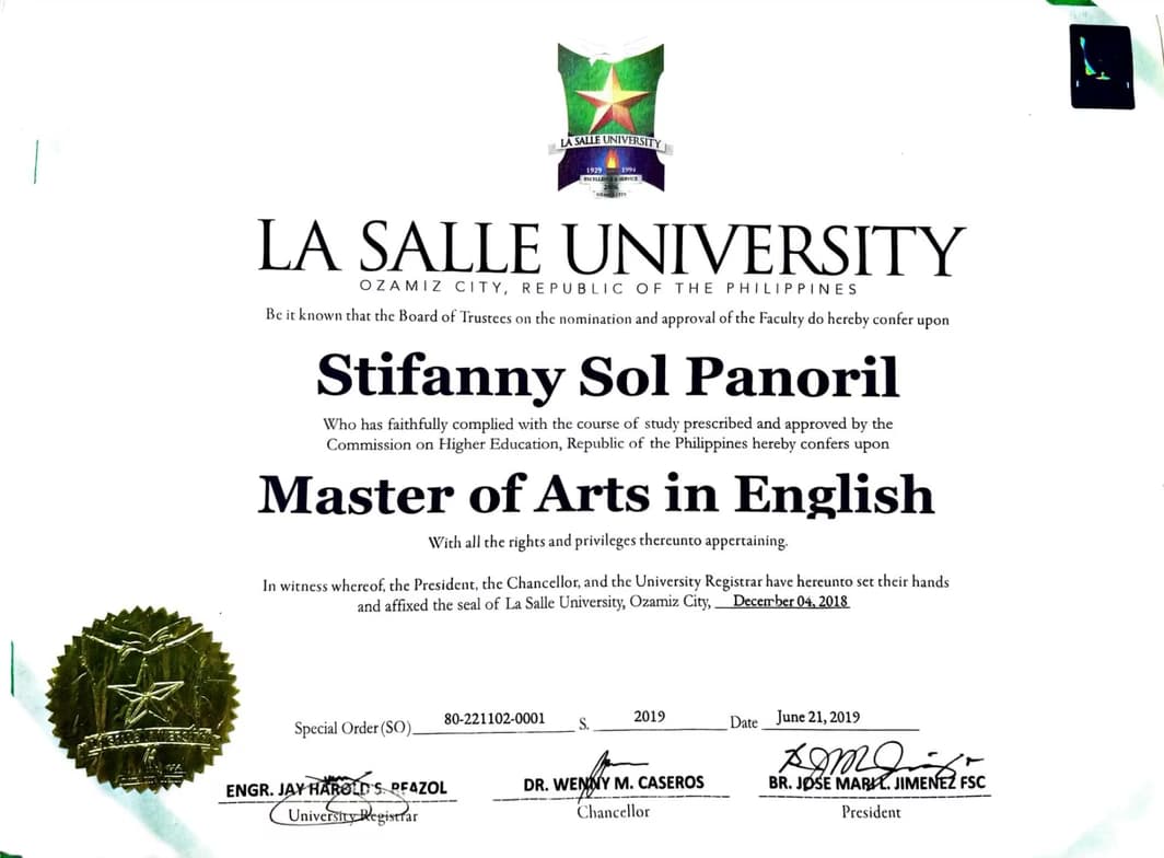 Verified degree or teaching certification of STIFANNY 