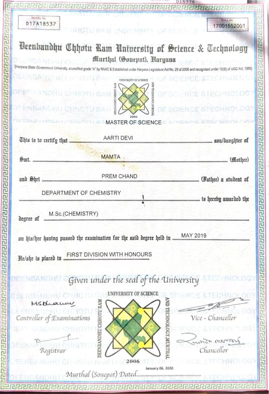 Verified degree or teaching certification of Aarti