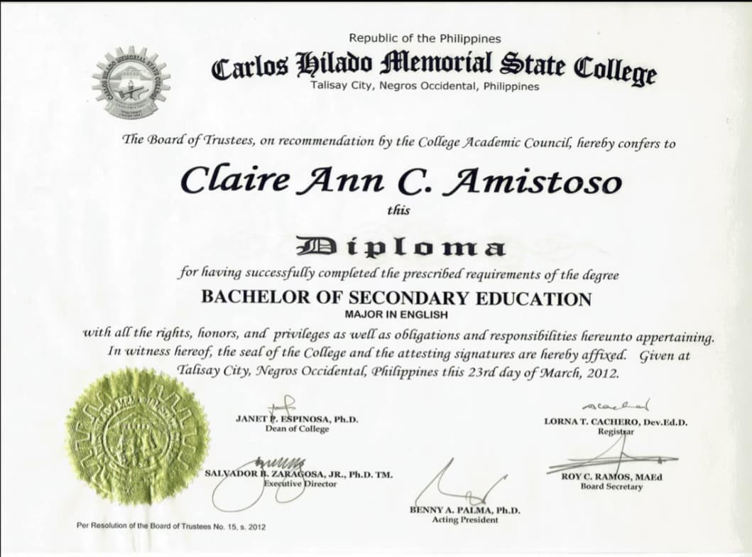 Verified degree or teaching certification of Claire 