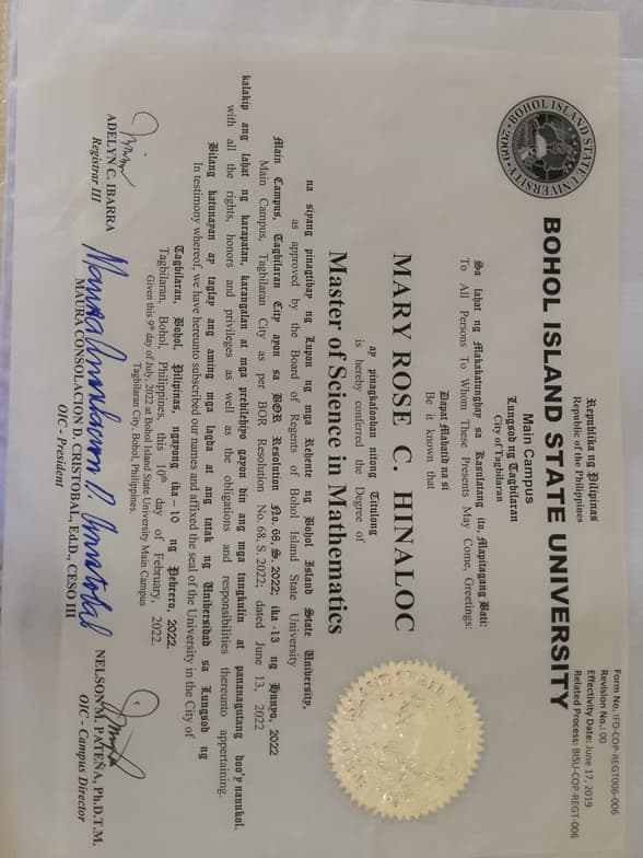 Verified degree or teaching certification of Mary Rose  