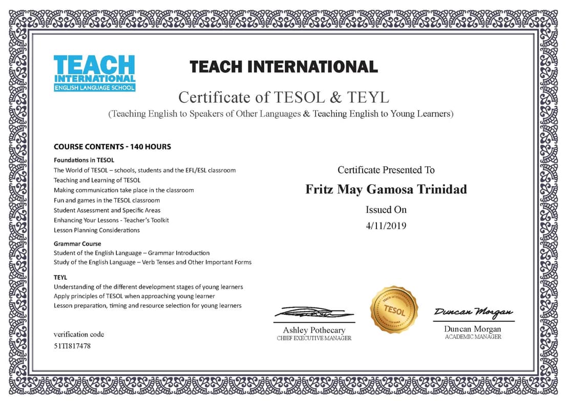 Verified degree or teaching certification of Fritz May 