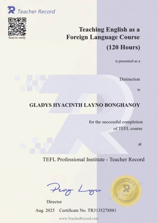 Verified degree or teaching certification of Gladys Hyacinth 