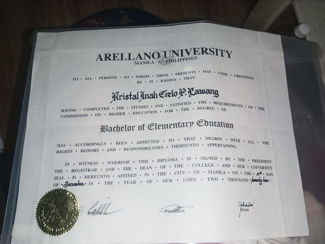 Verified degree or teaching certification of Kristal Inah Cielo 