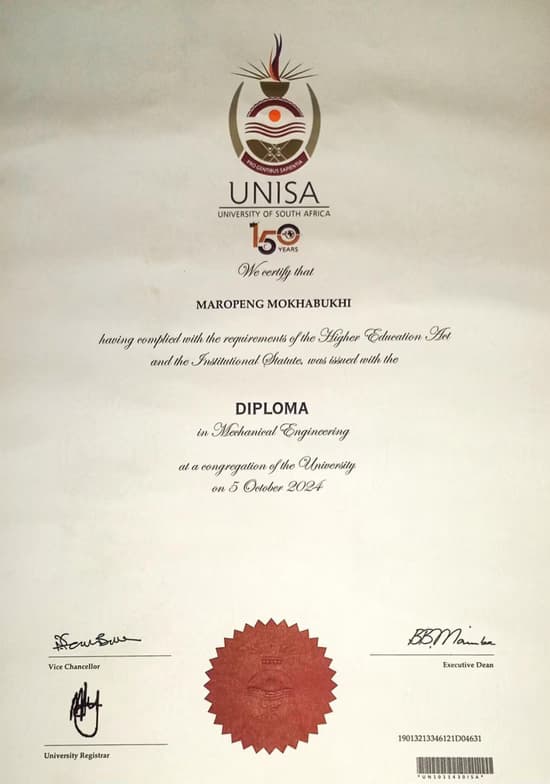 Verified degree or teaching certification of Maropeng