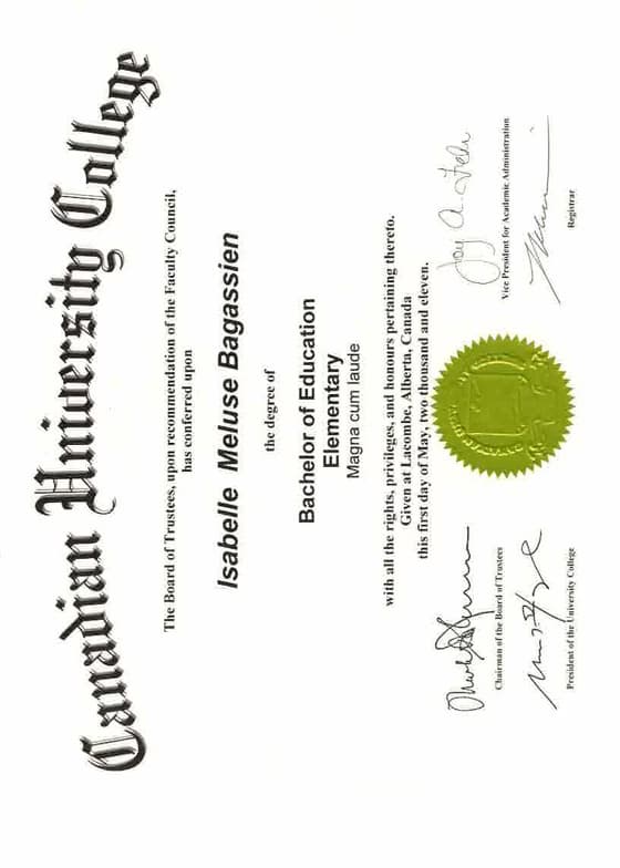 Verified degree or teaching certification of Isabelle 