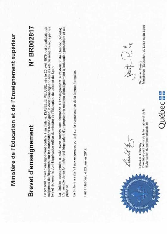 Verified degree or teaching certification of Isabelle 