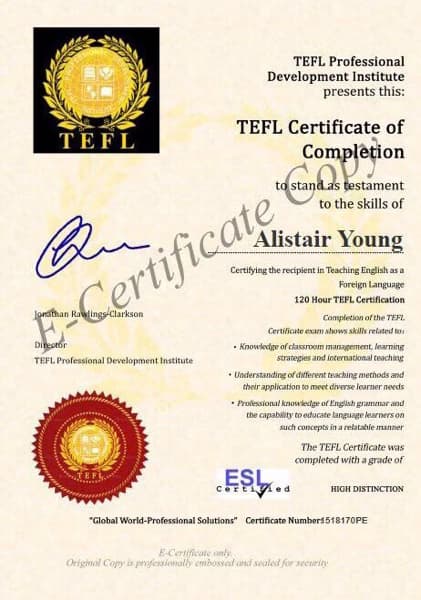 Verified degree or teaching certification of Alistair 