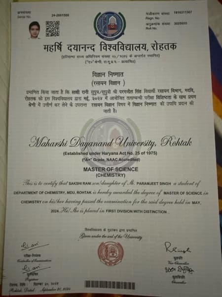 Verified degree or teaching certification of Sakshi