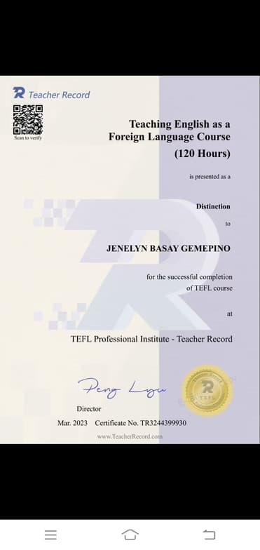 Verified degree or teaching certification of Jenelyn  