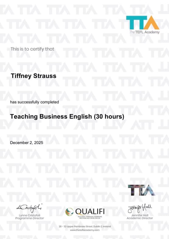 Verified degree or teaching certification of Tiffney 