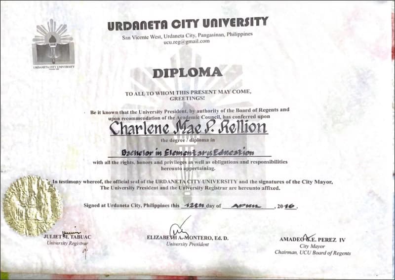 Verified degree or teaching certification of Charlene Mae 