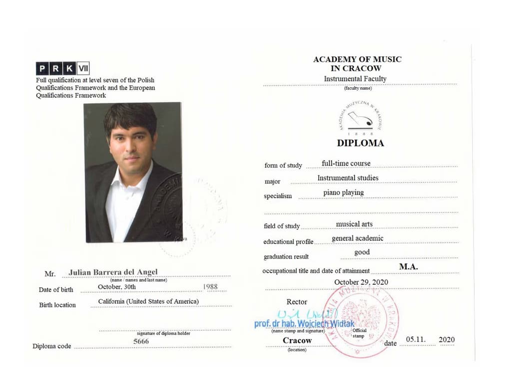 Verified degree or teaching certification of Julian