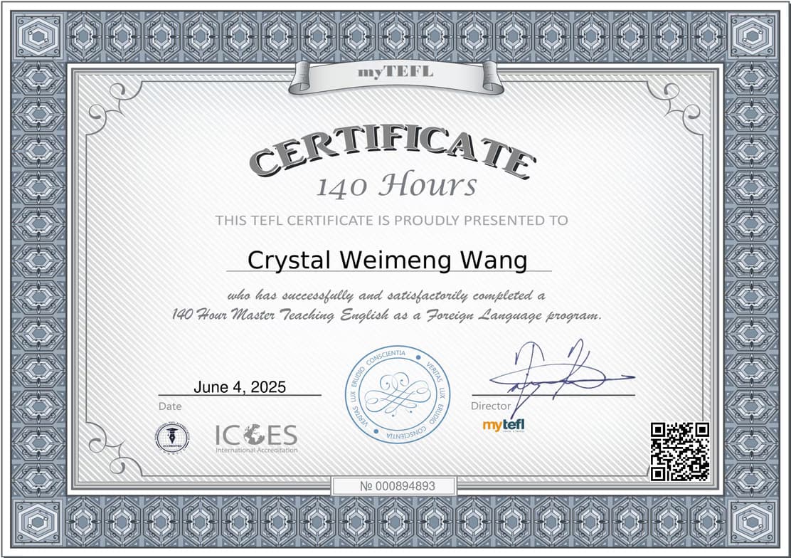 Verified degree or teaching certification of Crystal  