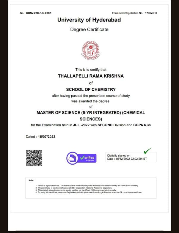 Verified degree or teaching certification of Ramakrishna 