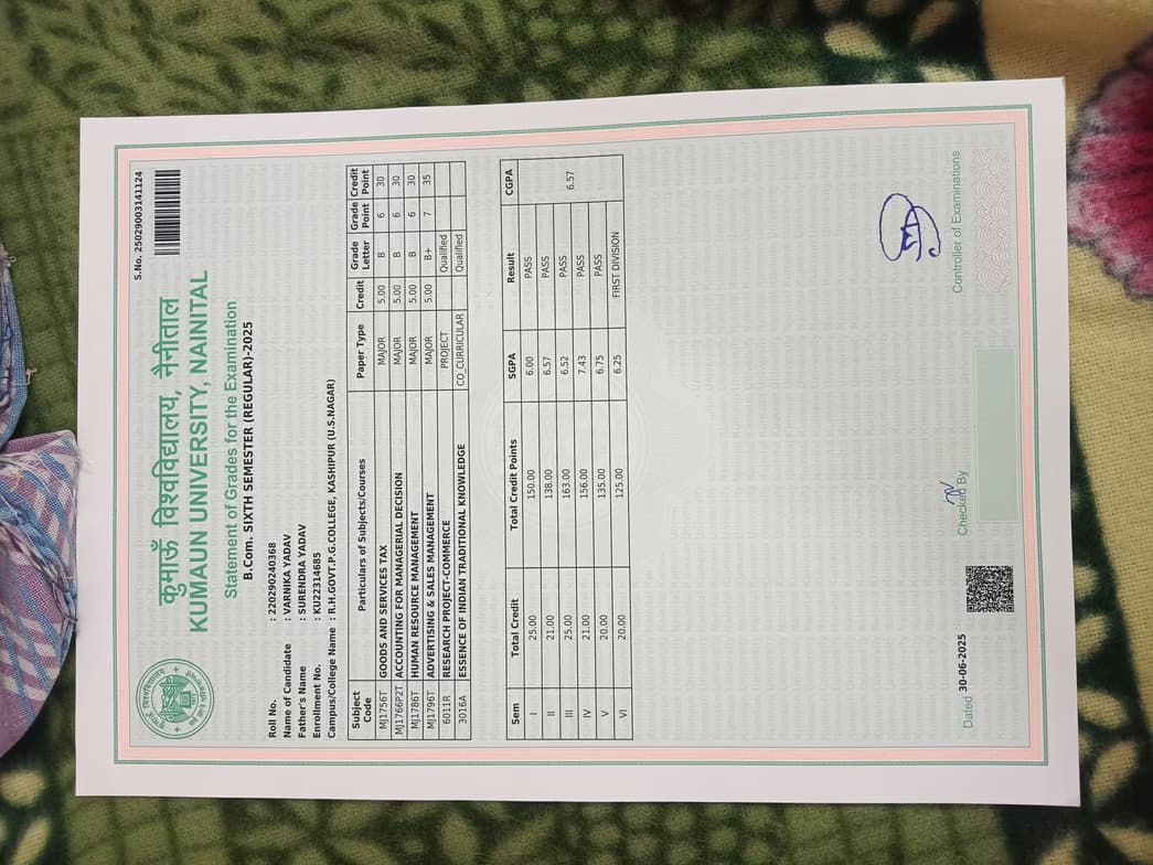 Verified degree or teaching certification of Varnika  