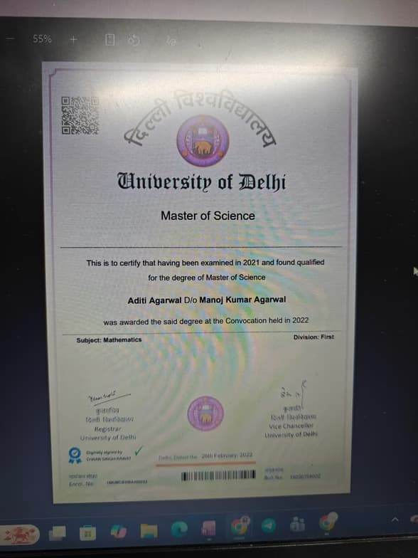 Verified degree or teaching certification of Aditi 
