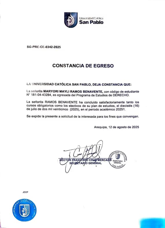 Verified degree or teaching certification of Maryori Mayli 