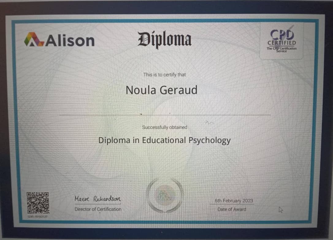 Verified degree or teaching certification of Noula 