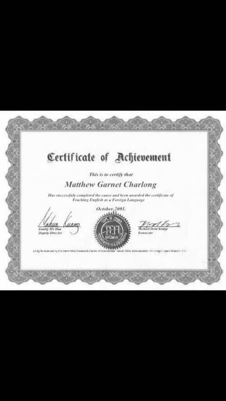 Verified degree or teaching certification of Matthew G  