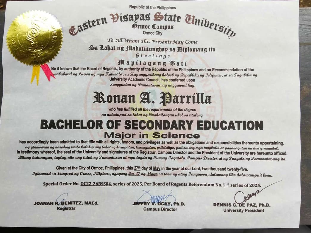 Verified degree or teaching certification of Ronan