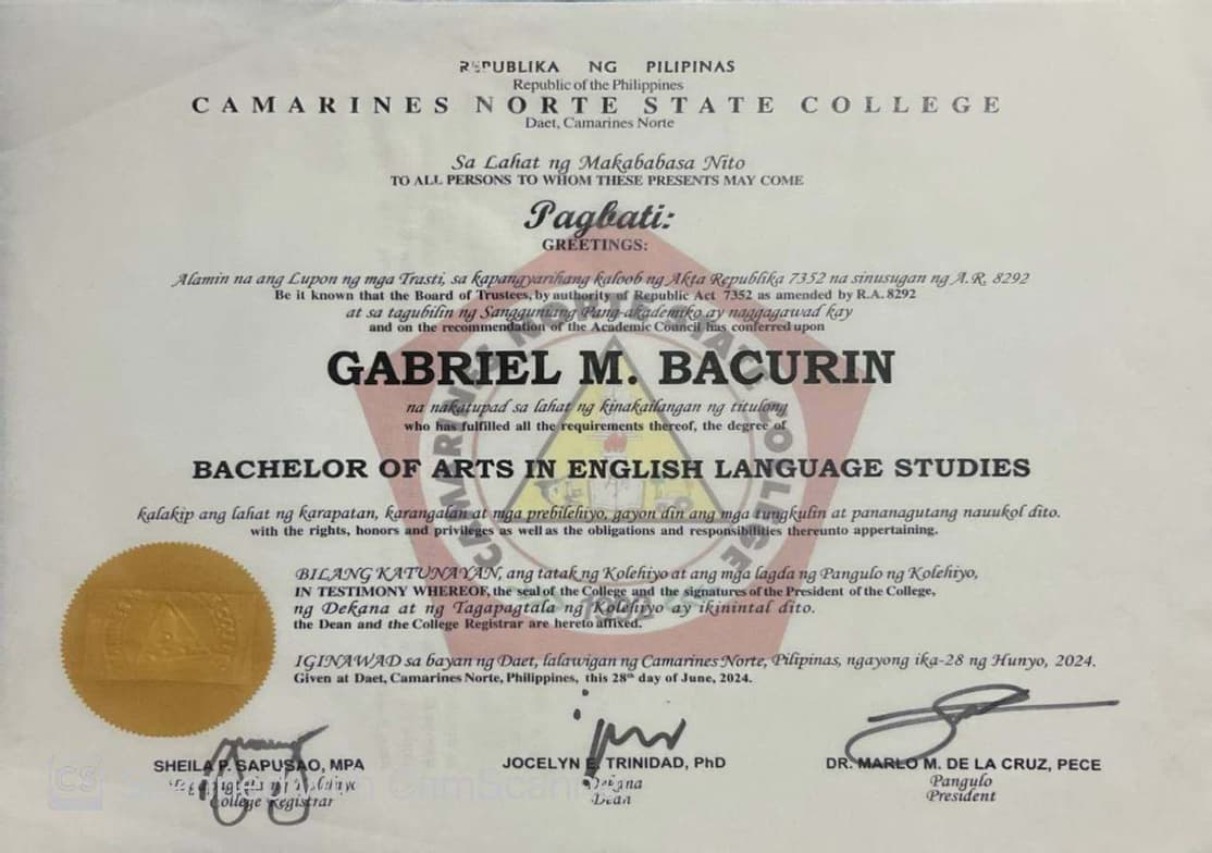 Verified degree or teaching certification of Gabriel 