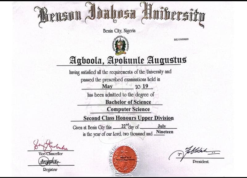Verified degree or teaching certification of Ayokunle 