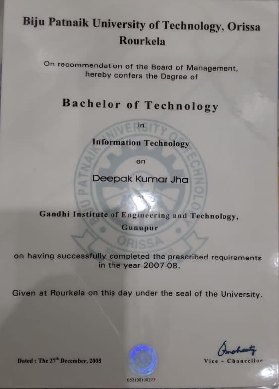 Verified degree or teaching certification of Deepak Kumar  