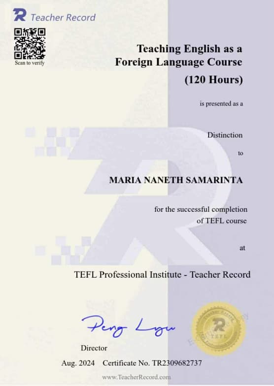 Verified degree or teaching certification of Maria Naneth 