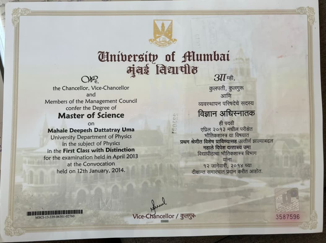 Verified degree or teaching certification of Deepesh Dattatray 