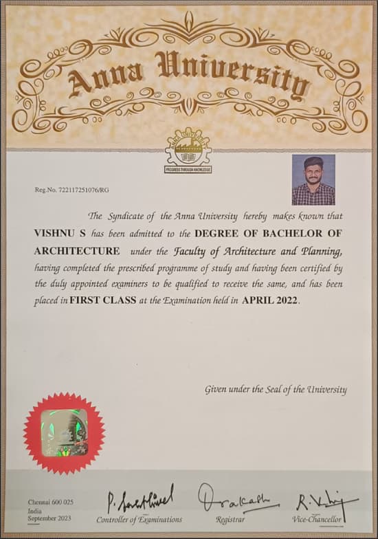 Verified degree or teaching certification of Vishnu  