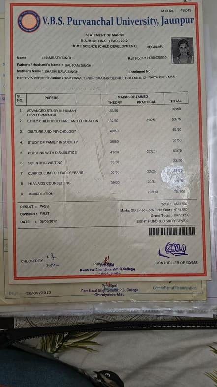 Verified degree or teaching certification of Namrata  