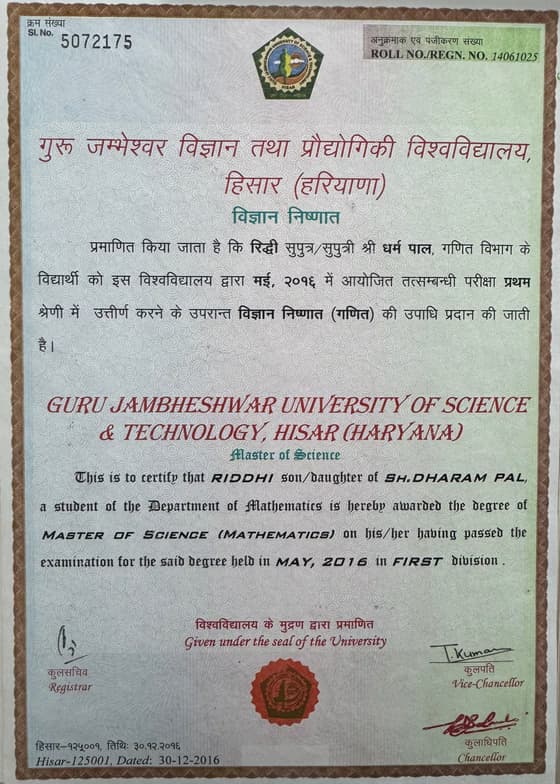 Verified degree or teaching certification of Riddhi 