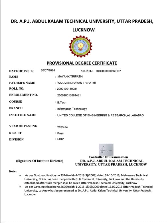 Verified degree or teaching certification of Mayank 