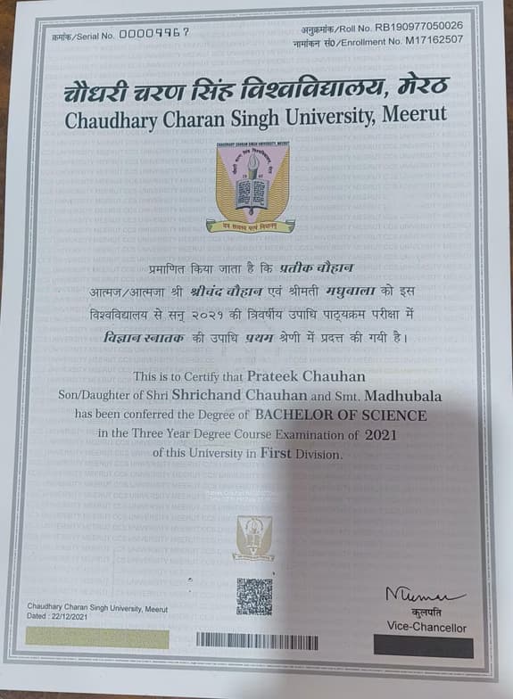 Verified degree or teaching certification of Prateek  