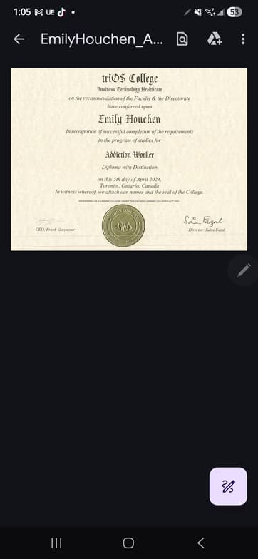Verified degree or teaching certification of Emily 