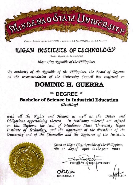 Verified degree or teaching certification of Dominic 