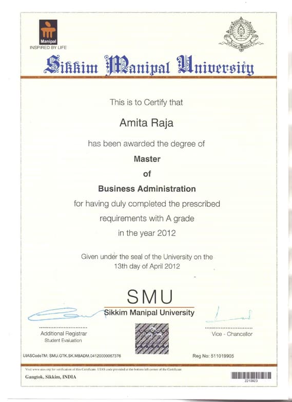 Verified degree or teaching certification of amita