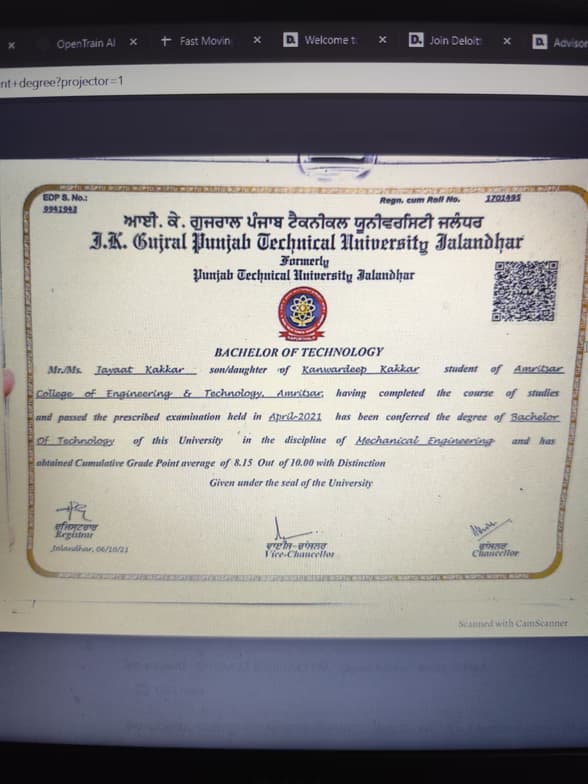 Verified degree or teaching certification of Jayaat 