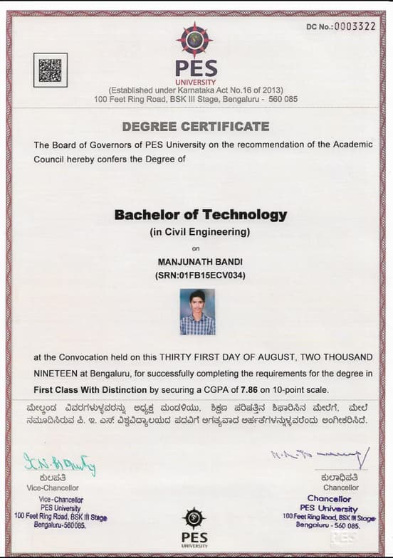 Verified degree or teaching certification of Manjunath 