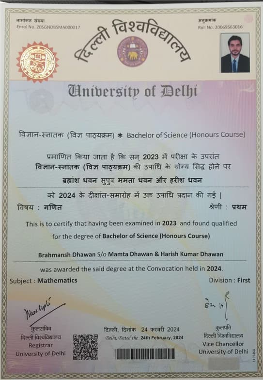 Verified degree or teaching certification of BRAHMANSH 