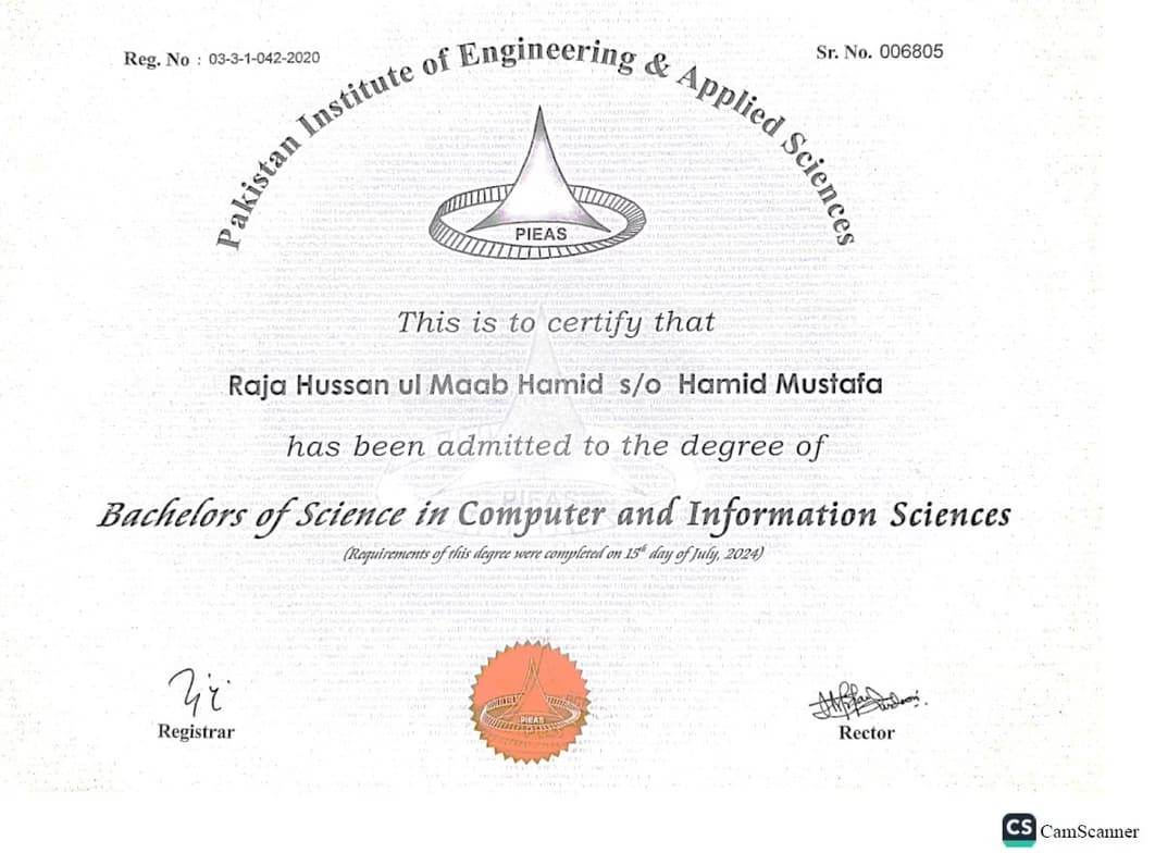 Verified degree or teaching certification of Hussan ul 