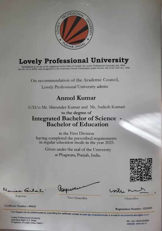 Verified degree or teaching certification of Anmol  