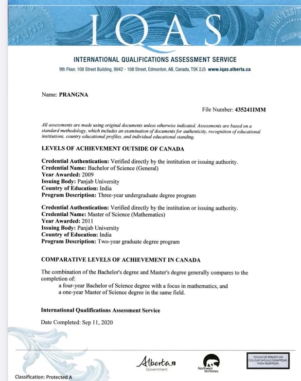 Verified degree or teaching certification of Prangna 