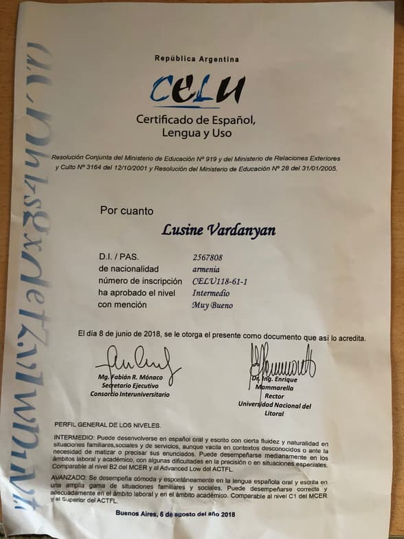 Verified degree or teaching certification of Lusine