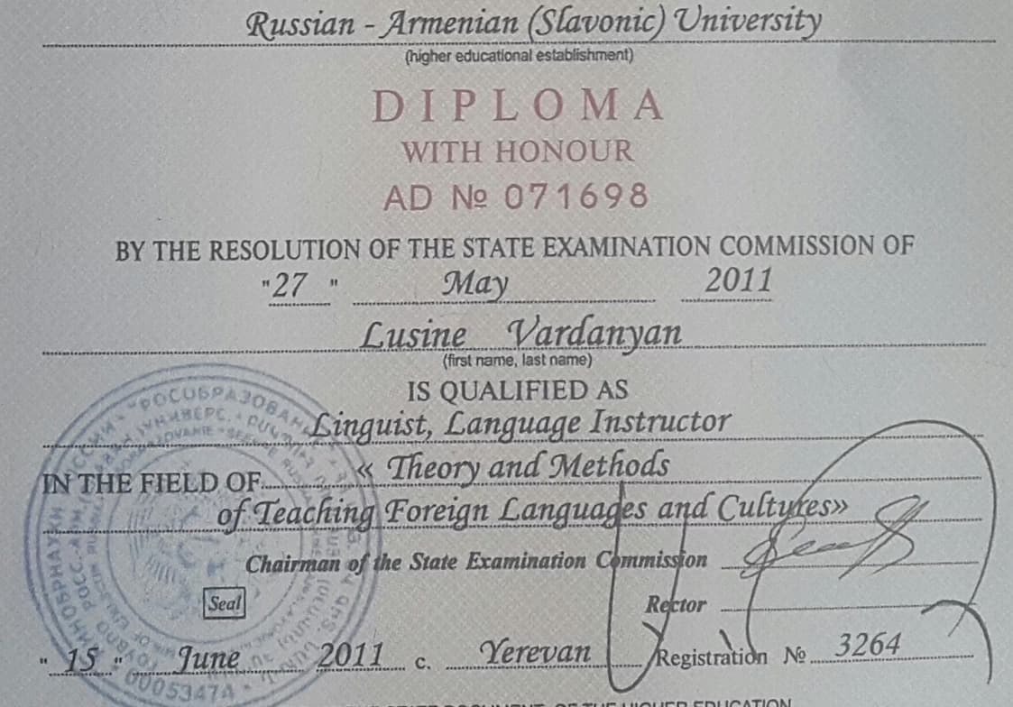 Verified degree or teaching certification of Lusine