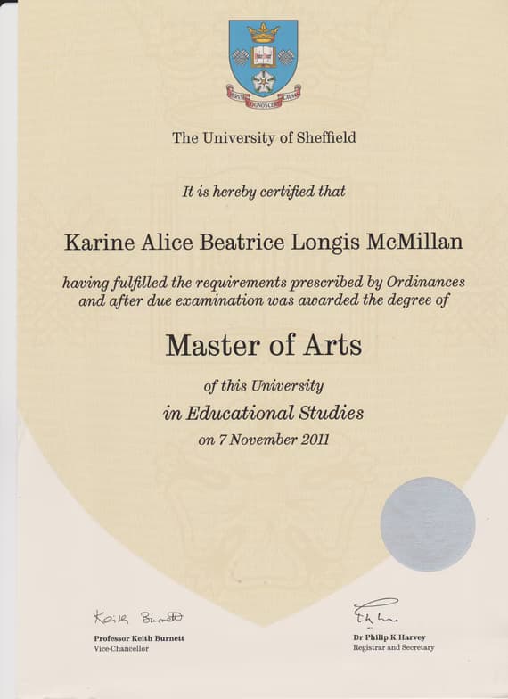 Verified degree or teaching certification of Karine 