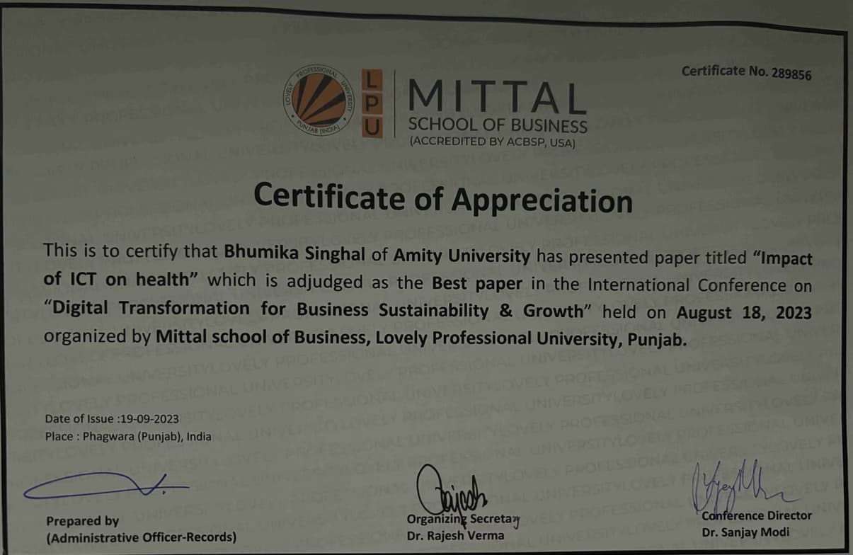 Verified degree or teaching certification of Bhumika 